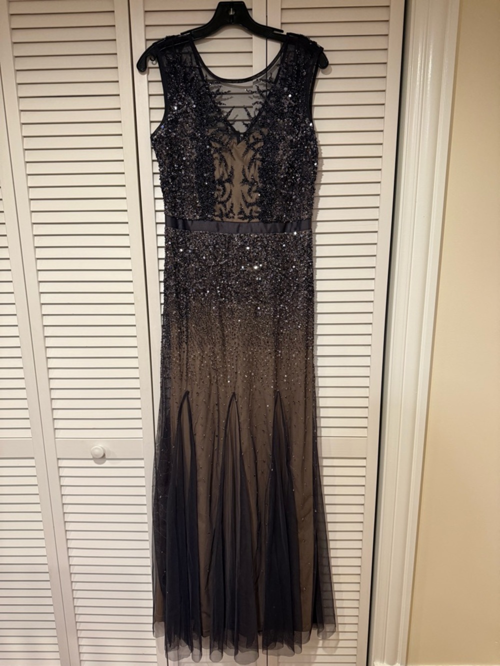 Adrianna Papell Charcoal Beaded Illusion Maxi Dress
